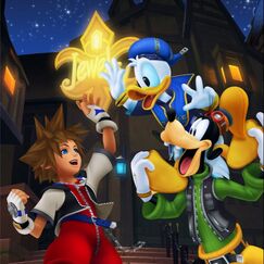 Sora, Donald & Goofy High fiving in Traverse Town